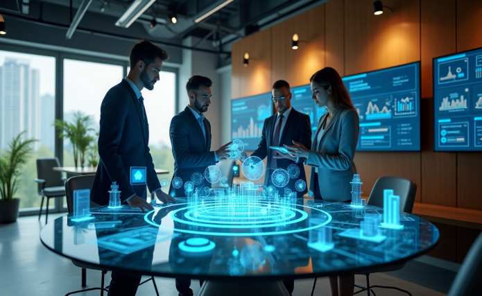 M&E professionals collaborating around a futuristic data visualization table